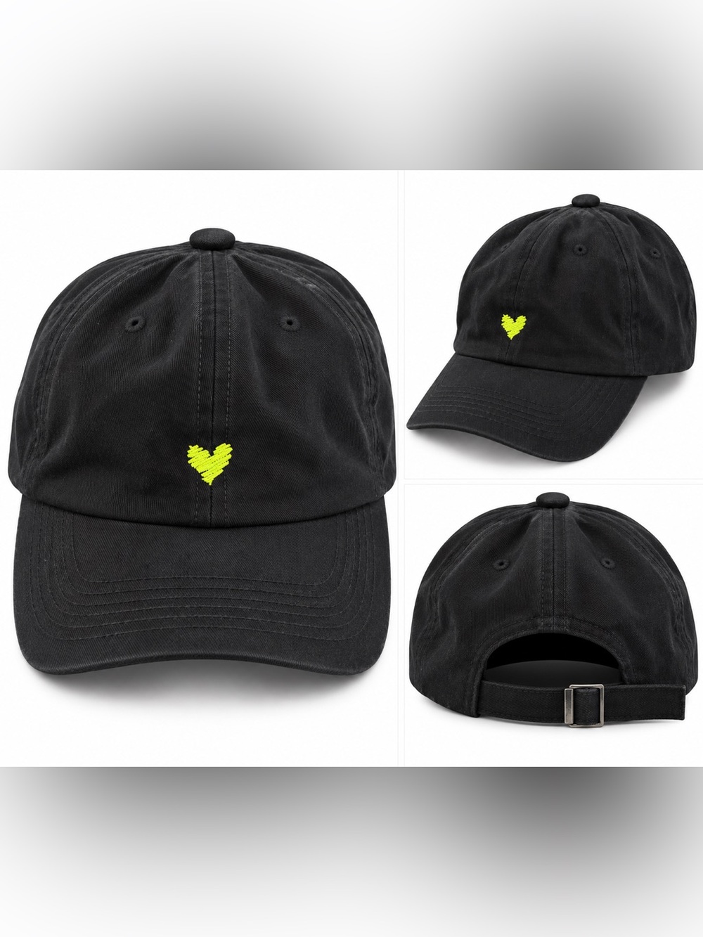 Classic Black Baseball Cap with Neon Yellow Heart Embroidery